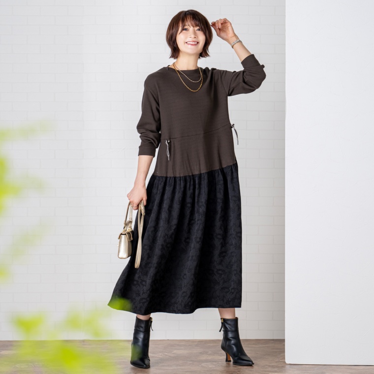 calma モードフェミニン カットジャガードコンビワンピース