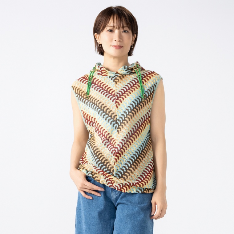 calma マルチカラーレースニット フーディーベスト