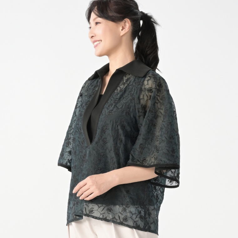 calma ワイドカラースキッパー エンブロイダリーレースブラウス