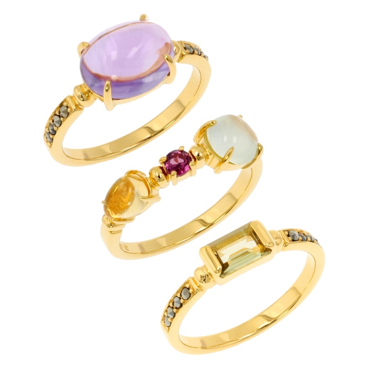 ファトラ シルバー925ゴールドトーンカラーストーン3本セットリング