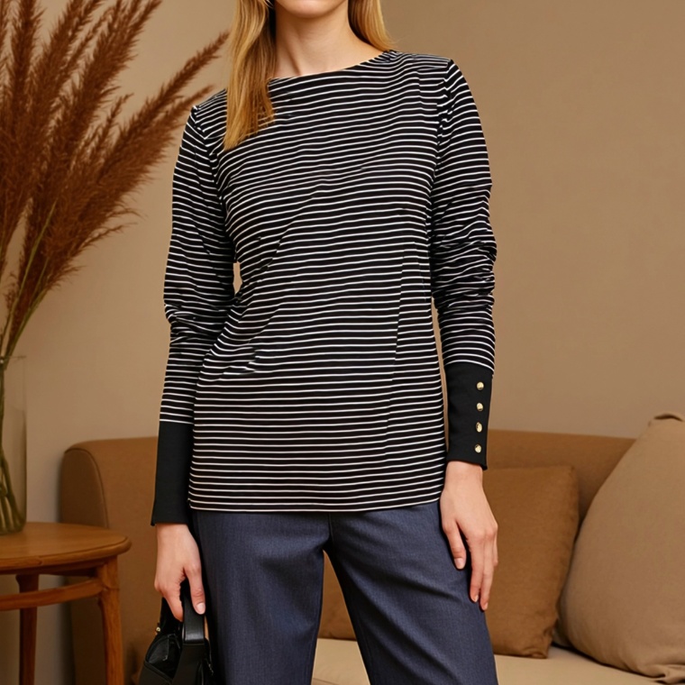 Provador コットン混 カフスボタンボーダープルオーバー