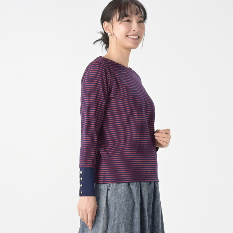 Provador コットン混 カフスボタンボーダープルオーバー