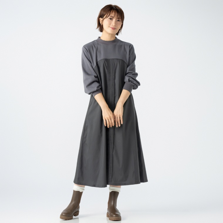 MINHA KILAKILA 異素材使いピンタックフレアワンピース