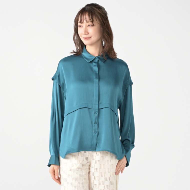 MORNMAGIE タックがデザインポイント 楊柳シャツブラウス