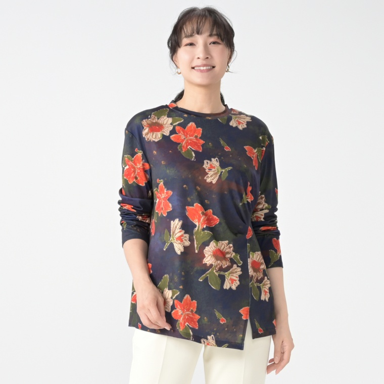 MORNMAGIE 天空に舞うアート花プリント長袖トップス