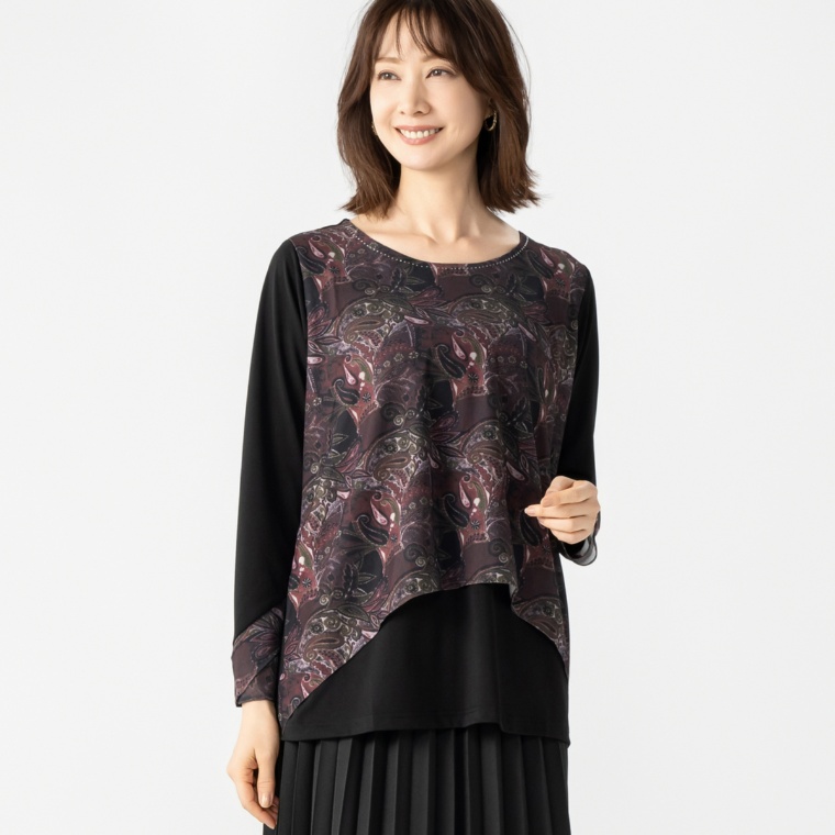 Monte Milano プリントシフォン長袖カットソープルオーバー