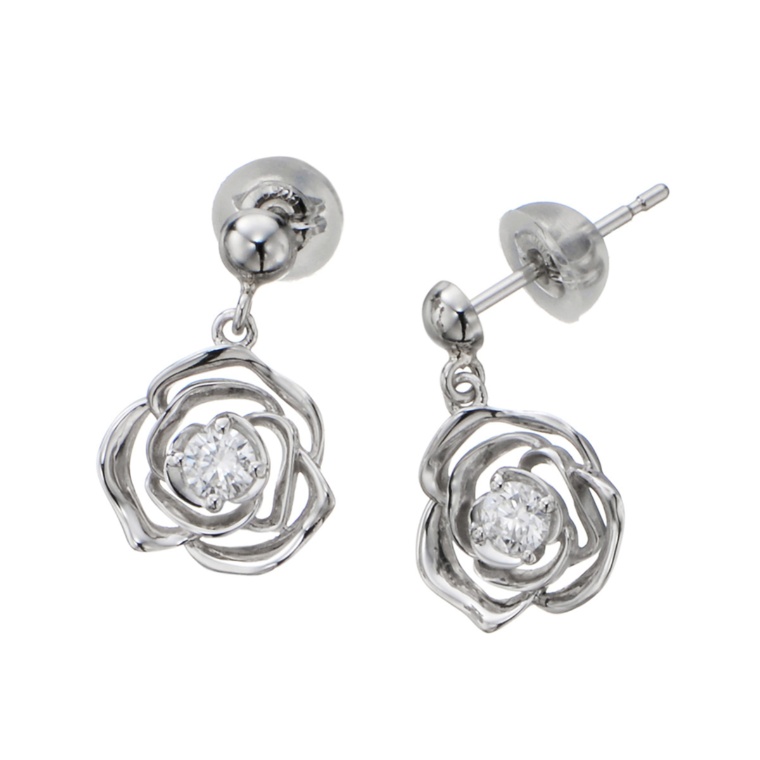 PT900 Dカラ-ダイヤ ローズデザイン イヤリング/ピアス