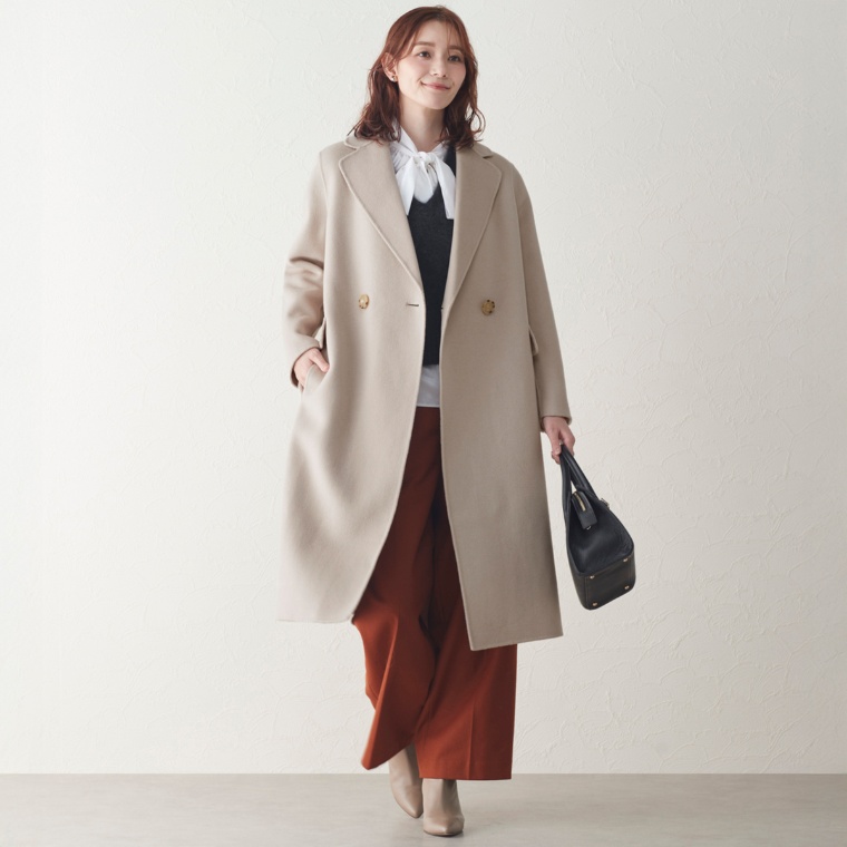 FLORAL GRACE ウール100%リバー素材ロングチェスターコート