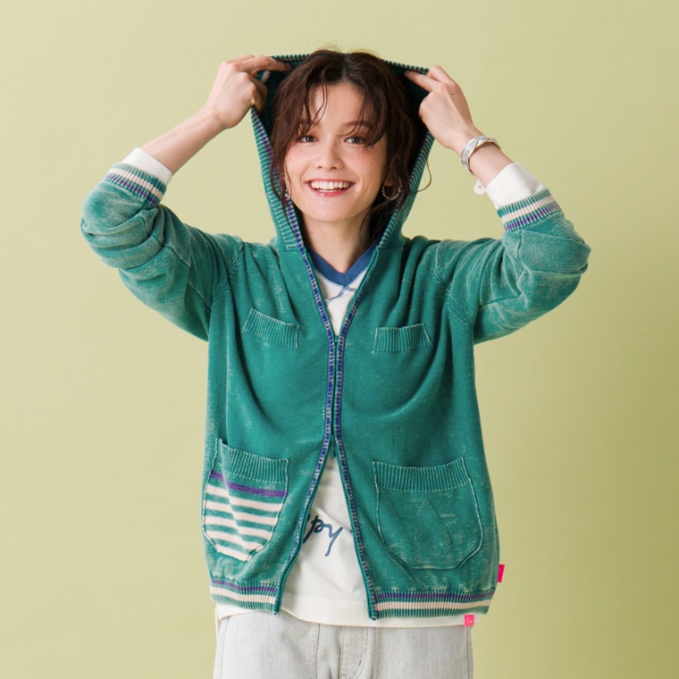 KiKKi ストーンウォッシュの配色ボーダーラインニットパーカー