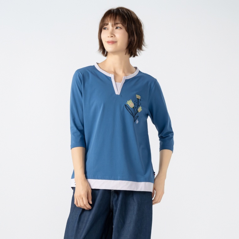 PERSONS ベア天竺レイヤード風スキッパートップス