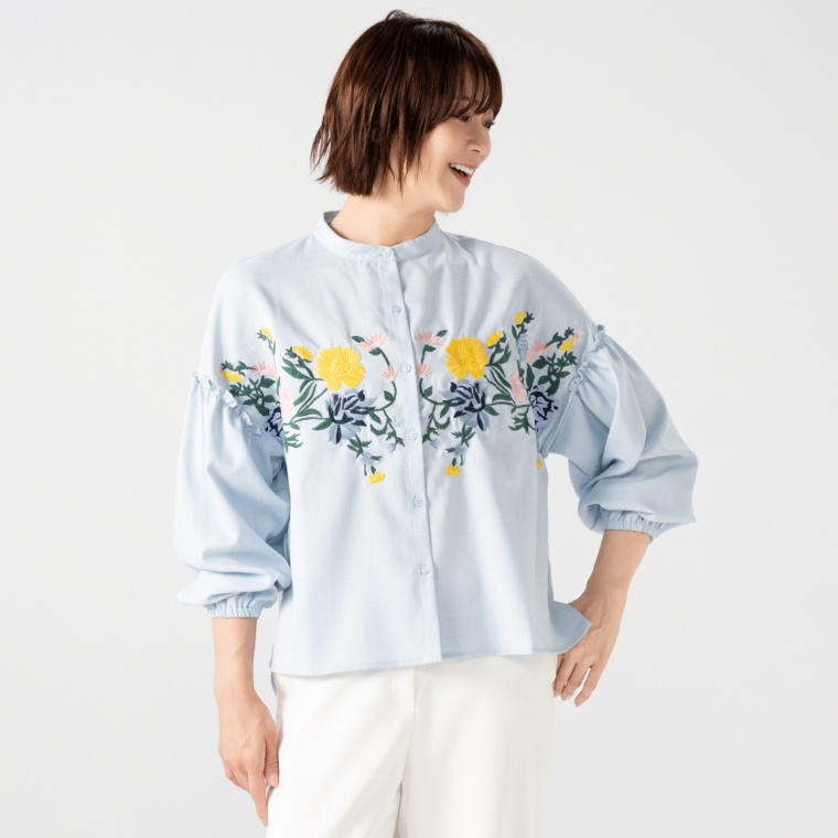 MAHARA MODERN ボタニカル刺繍かすりブラウス