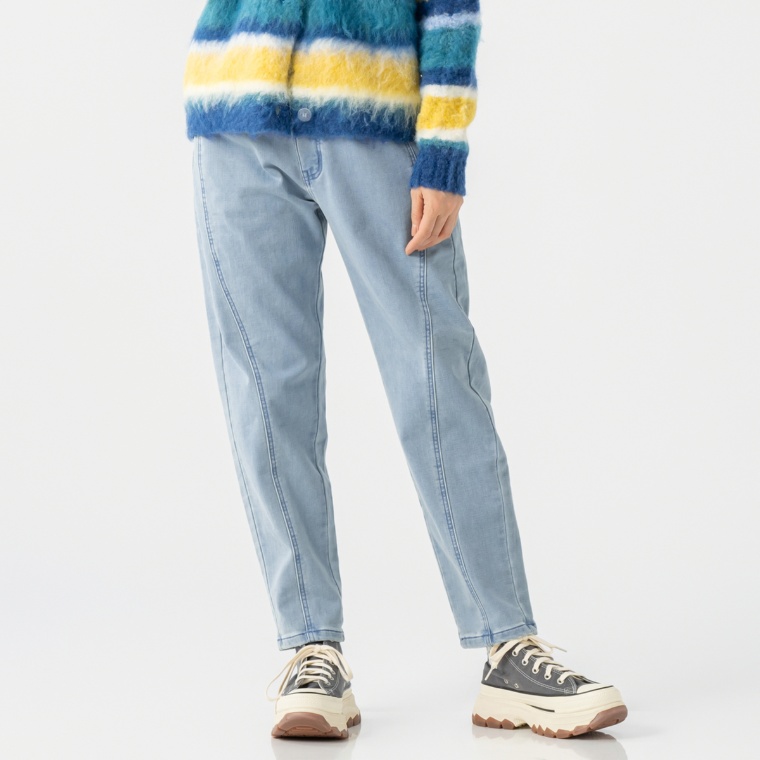 KiKKi 裏起毛カーブステッチペグトップデニムパンツ