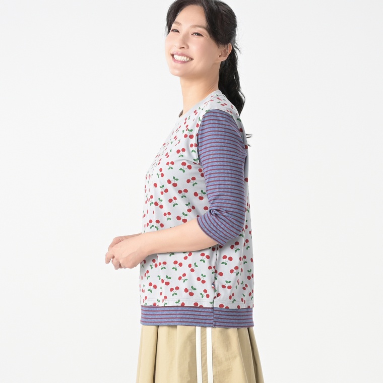 PERSONS ボーダー袖チェリープリントTシャツ