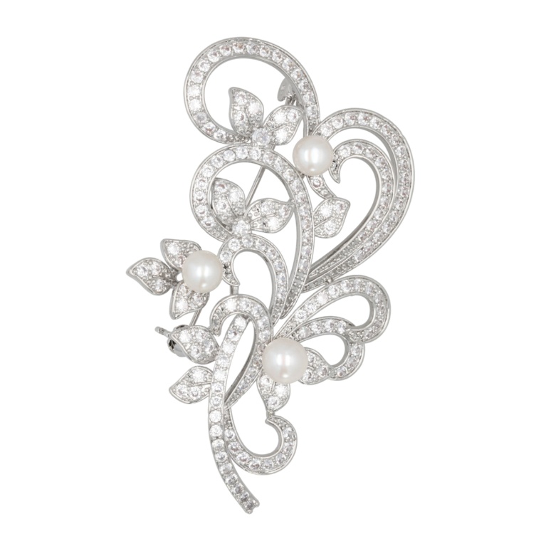 JinkaNezu CZ&淡水パール リュミエールリーフ ブローチ