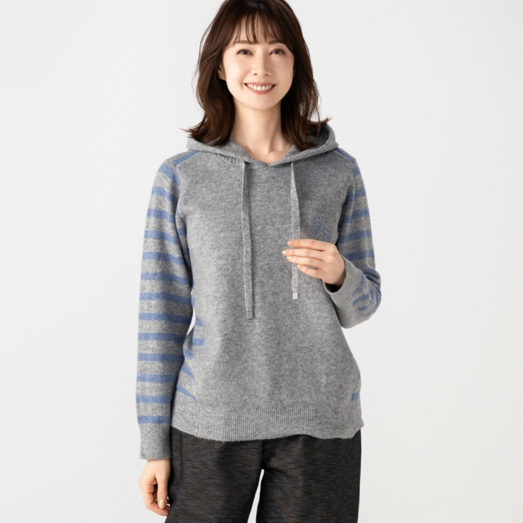 calma ふわりニット ボーダーフーディープルオーバー