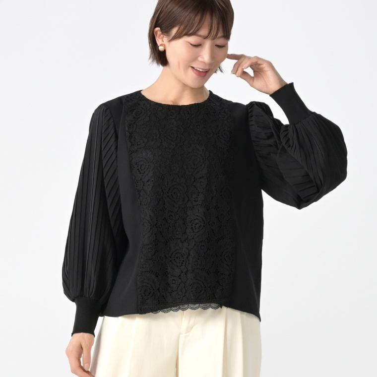 anatelier 異素材使い プリーツスリーブレースブラウス