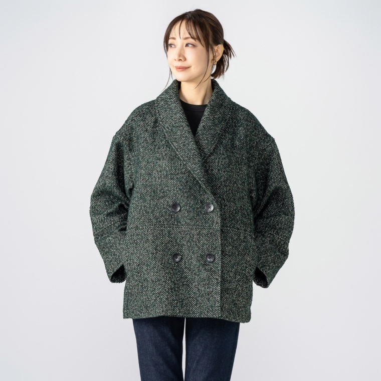 Abanicos ショールカラー ダブルブレスト ツイードコート