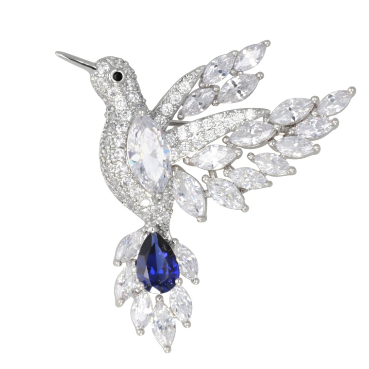 シンセティックサファイヤ&CZ ハミングバードブローチ1.6ct