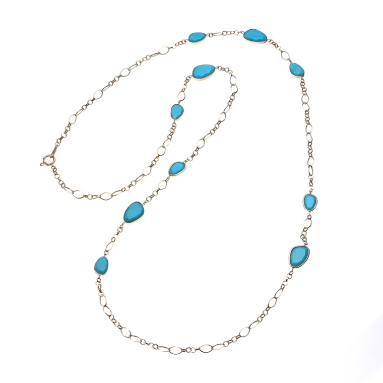 アリゾナターコイズ18KYGステーションネックレス計12.0ctUP