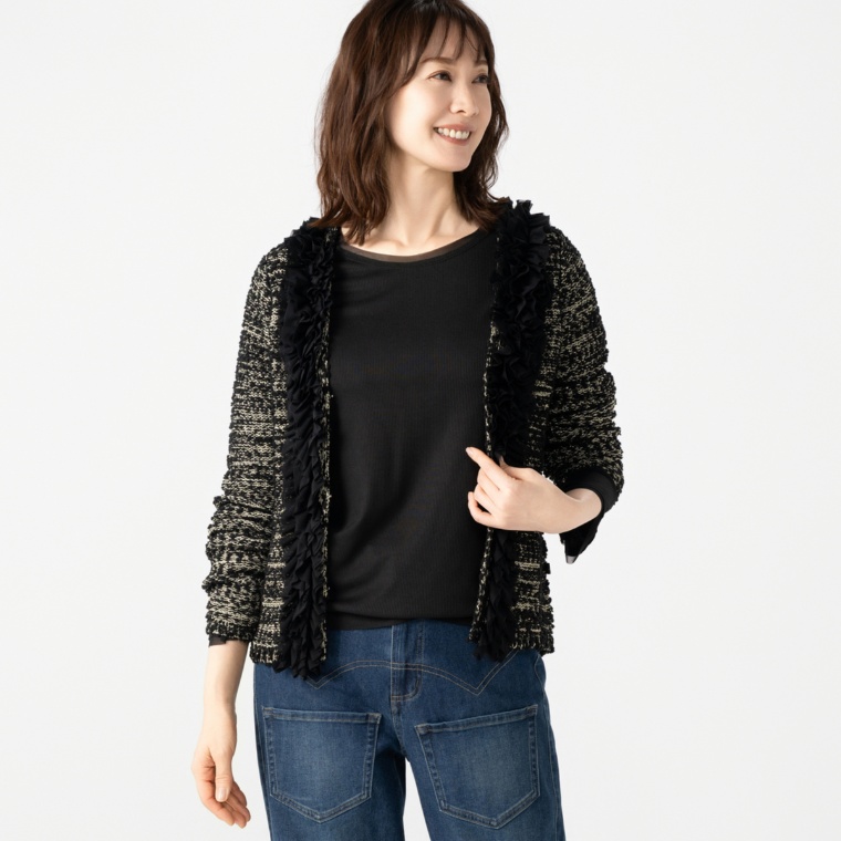 KawaiOkada モール糸ラメ引き揃チュール加工カーディガン