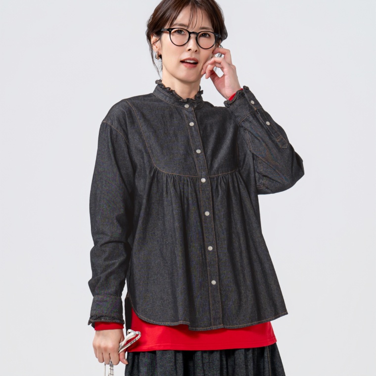 GRC ライトデニムフリルネックシャツ