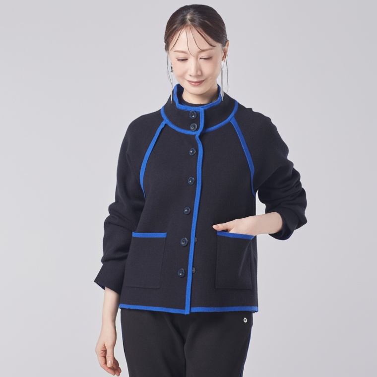 PCD 配色ラインのスタンドカラーニットジャケット