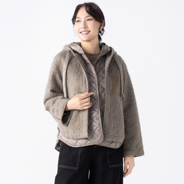 falsetto キルトベスト付きブークレーフーディジャケット