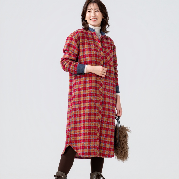 CORNPOPPER バンドカラーチェックシャツワンピース