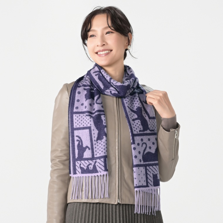 ルナジュメール ネット限定日本製ジャガードマフラーねこ柄