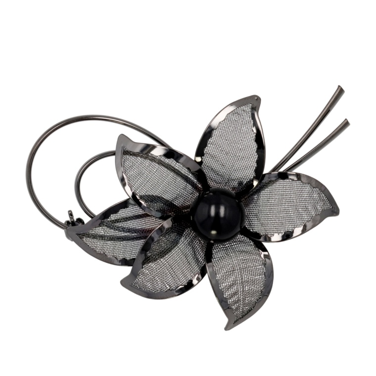 ジェット10mm珠透かしフラワーブローチ