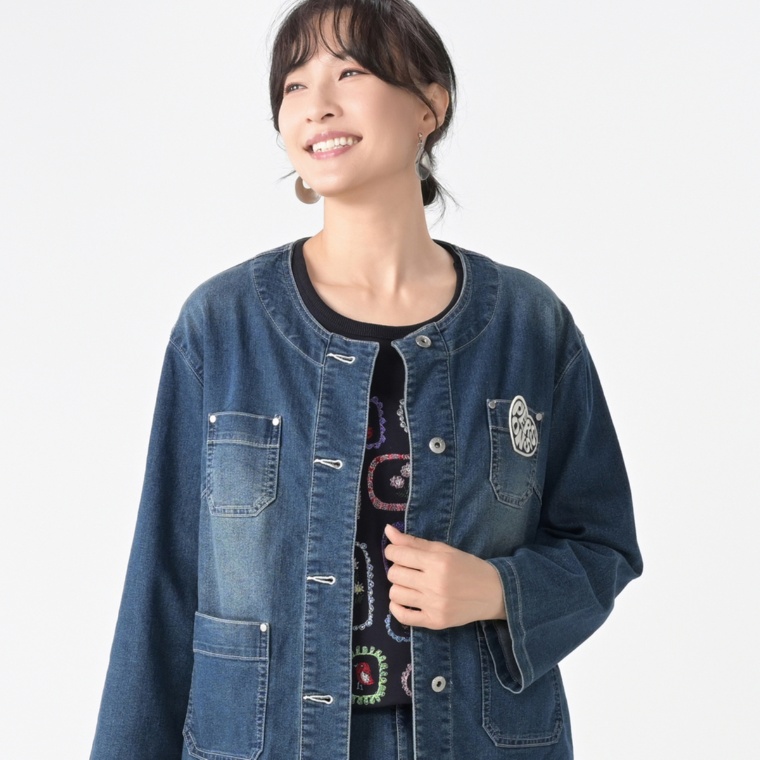 PERSONS デニムノーカラージャケット