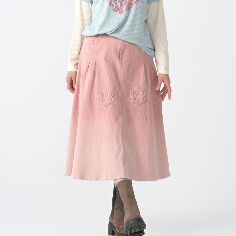 PERSONS グラデーションフラワーパッチデニムスカート