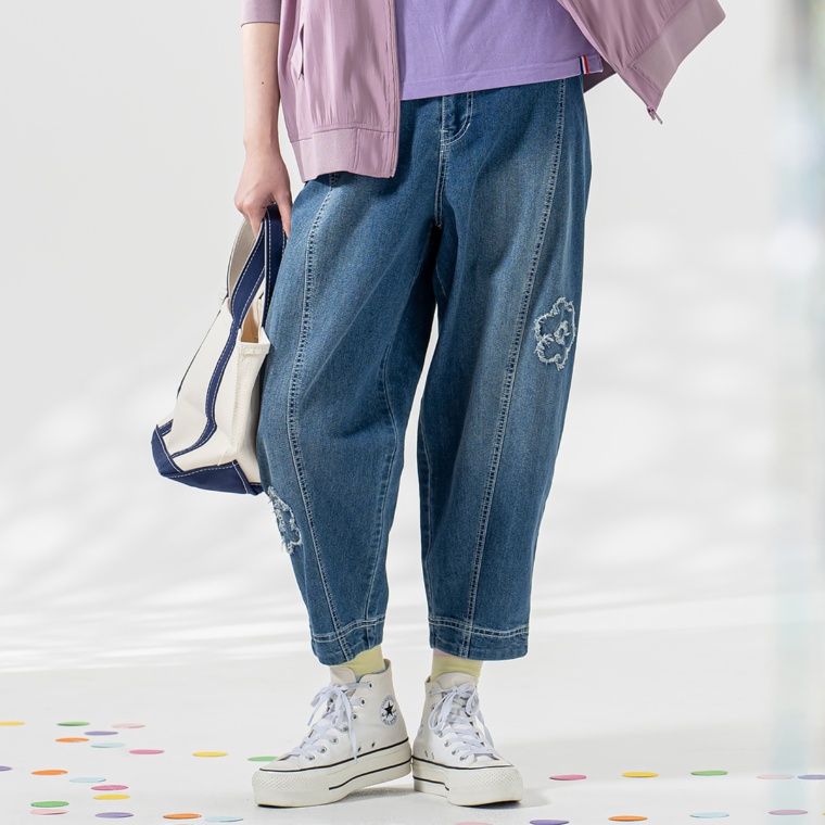 PERSONS 選べる股下フラワーパッチデニムキャットパンツ