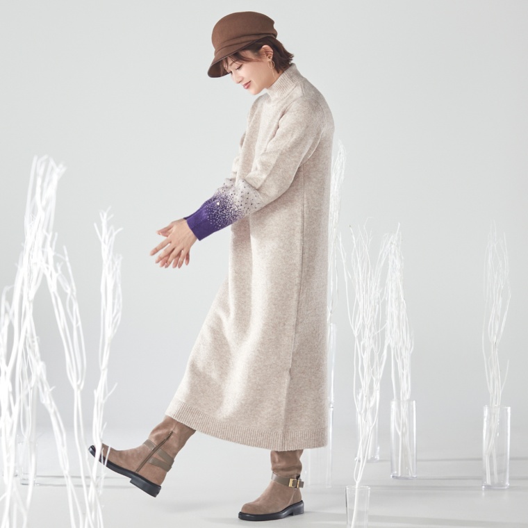 calma 選べる着丈 袖グラデふわりニットワンピース