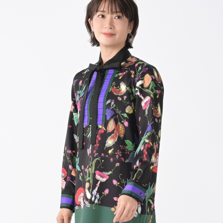calma きのこプリント ラグジュアリーロングブラウス