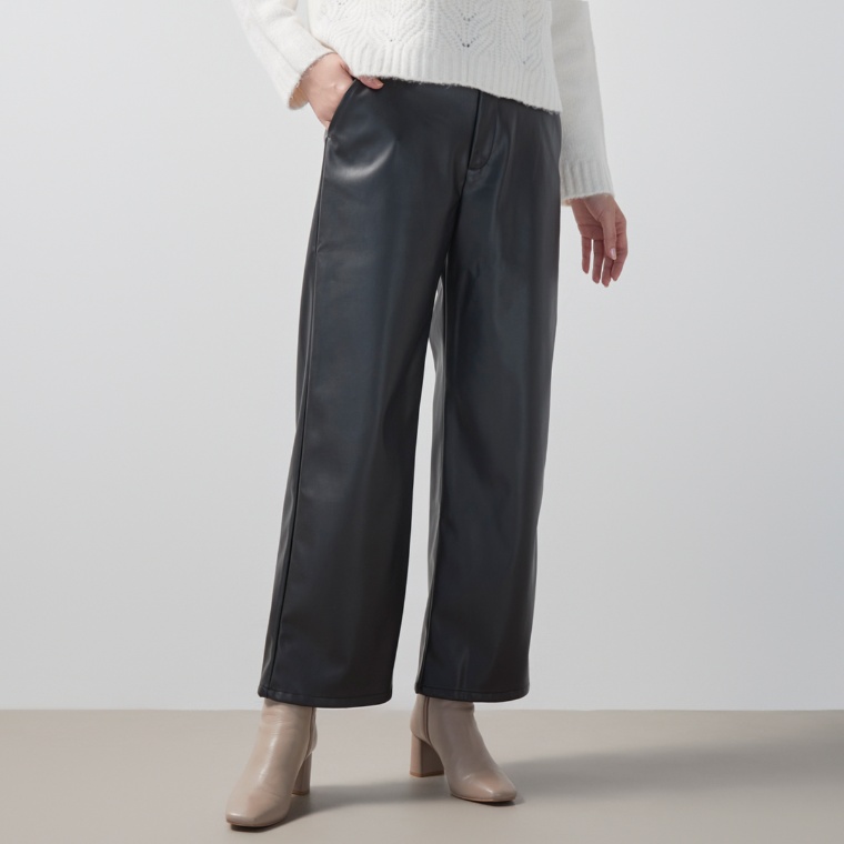 Provador レザー調 ピーチ裏起毛ワイドパンツ