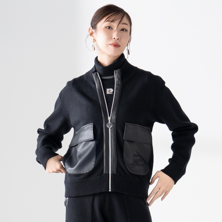 PCD 異素材コンビのジップアップニットブルゾン