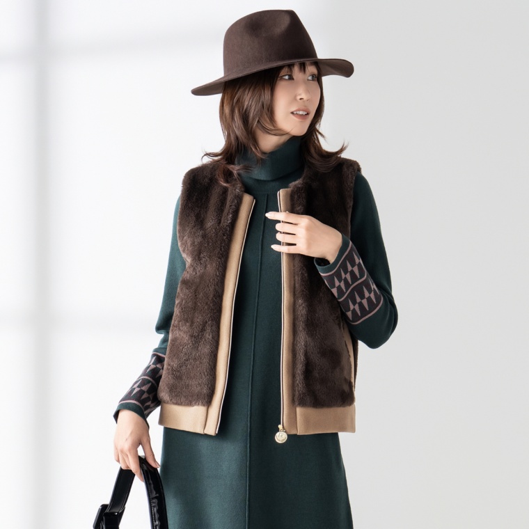 PCD フェイクファー使いのスタイリッシュジップアップジレ