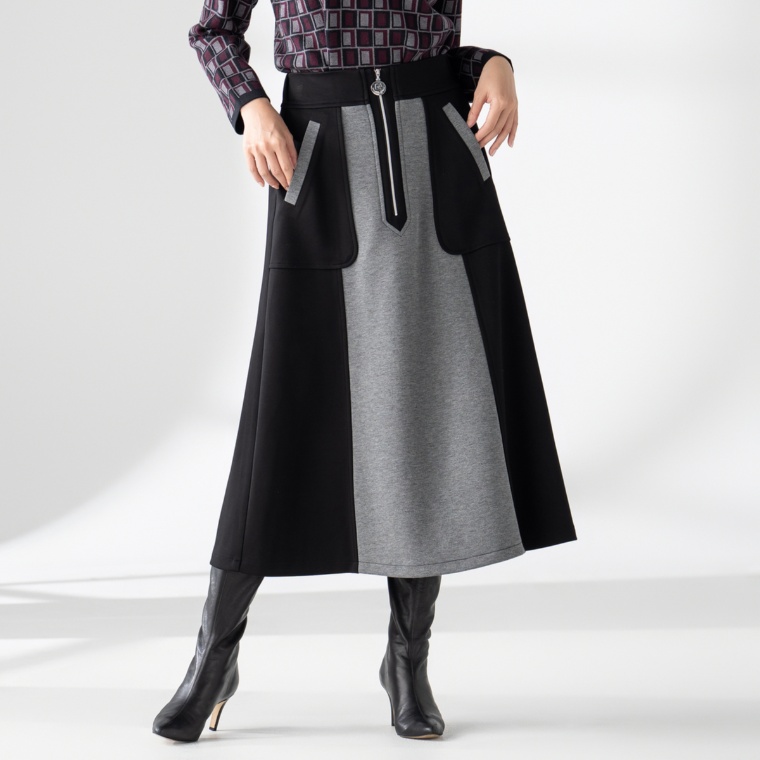 PCD カラーブロッキングのジップアクセントナロースカート