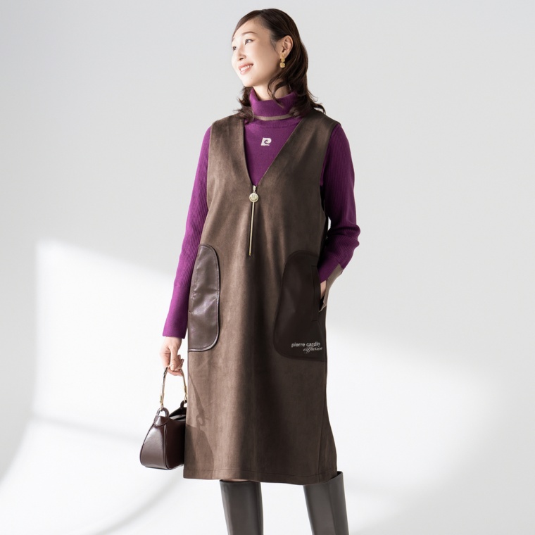 PCD フェイクレザー使いのVネックノースリーブワンピース