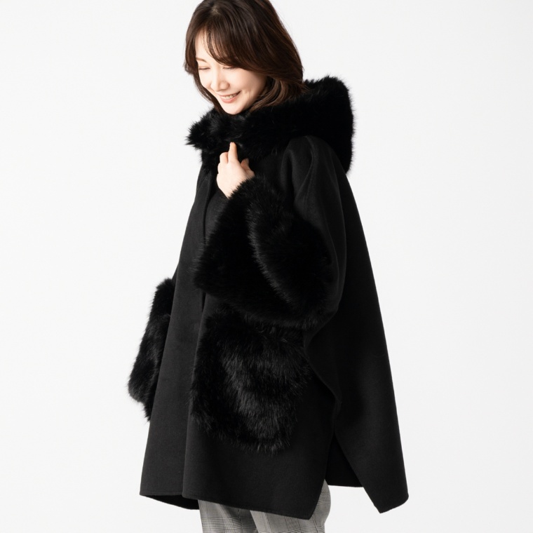 インベルナーレ ウール混エコファー使いポンチョ風ロングJK