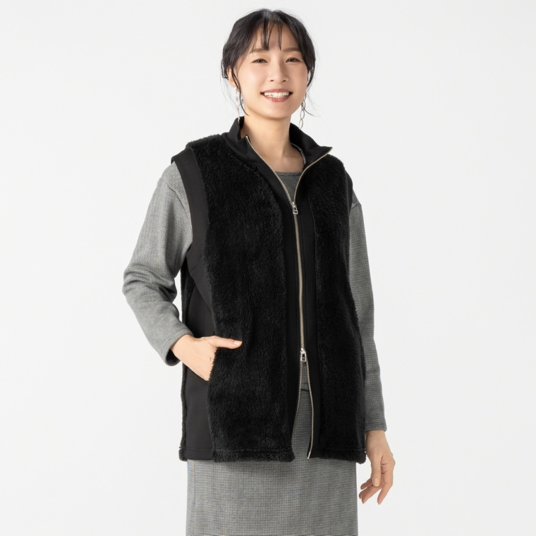 エニワイズ ロング丈のスタンドカラー暖かボアベスト