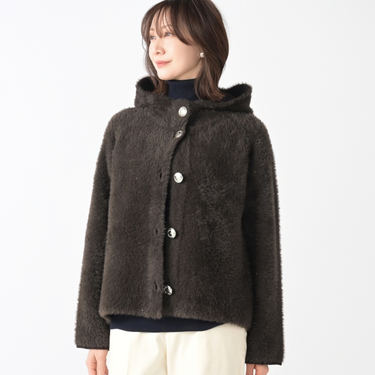 PCD 裏バイカラー使いのラメシャギーヤーンニットコーディガン