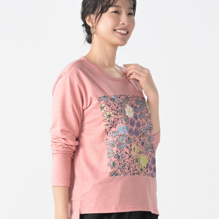 PERSONS フラワーブーケ刺繍長袖Tシャツ