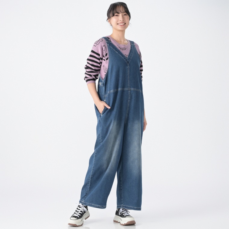 PERSONS ウォッシュデニムオーバーオール