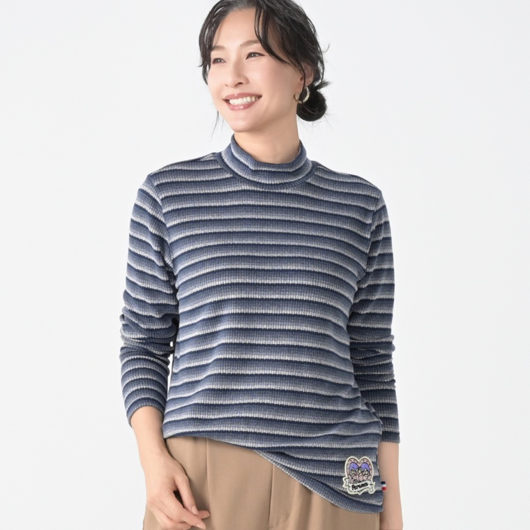 PERSONS グラデーションテレコボーダーハイネックトップス