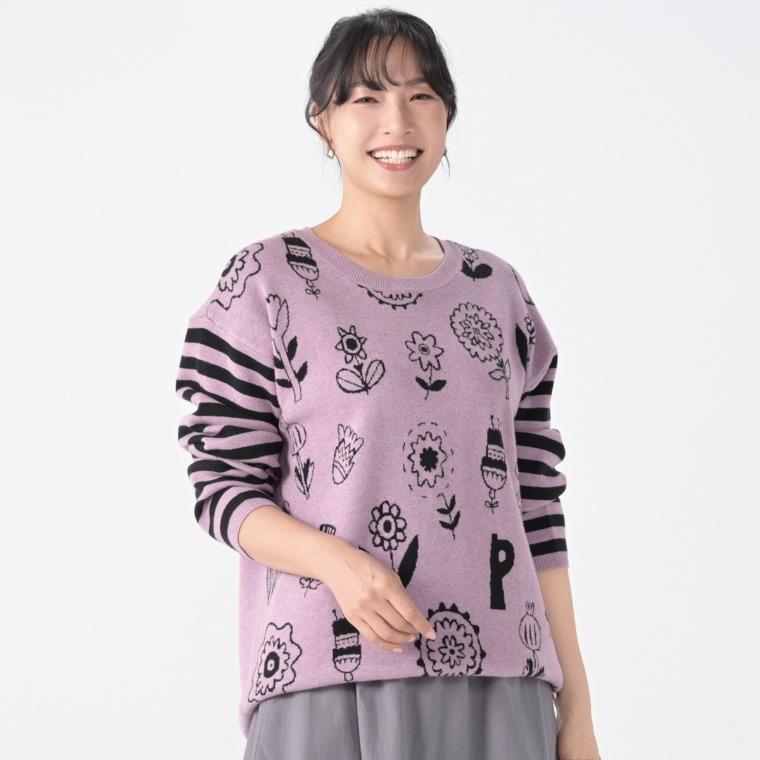 PERSONS 袖ボーダーグラフィックセーター