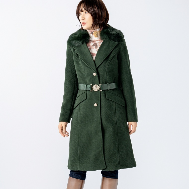 GUESS フェイクファー衿ウール混コート