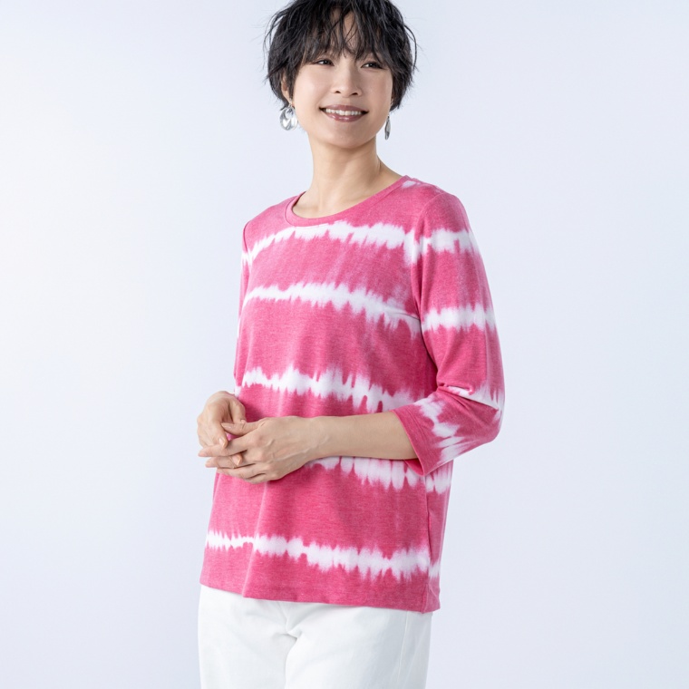 Denim & Co7分袖丈タイダイ風プリントプルオーバー
