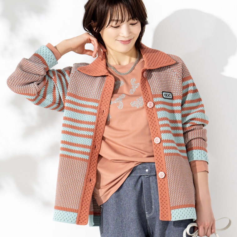 calma モスステッチ編み ライトなボーダーニットカーデ